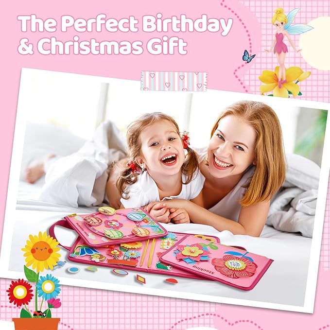 Busy Board Montessori Toys for 3 4 Year Old Girls Birthday Gifts, Educational Activity Sensory Board Preschool Learning Toys for Toddlers, Travel Toys for Airplane Car (Flower Fairy)