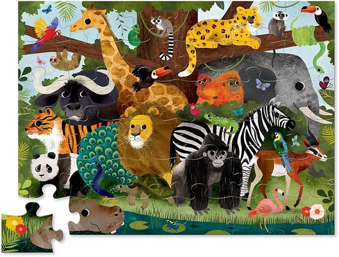 Crocodile Creek 36-Piece Jigsaw Floor Puzzle - Fun Floor Puzzles for Kids Ages 3-5 - Heavy-Duty Shaped Box for Storage - Jungle Friends - 27" W x 20" H Finished