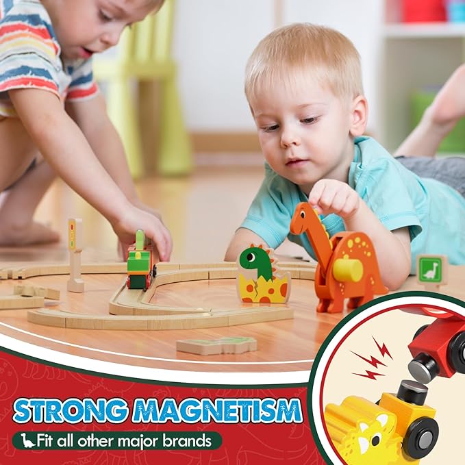 Lehoo Castle Wooden Train Set, Dinosaur Wooden Train Track Set, Wood Toy Train Set for Toddlers 2-4, Train Toys for Toddlers 3-5, Fits Thomas, Fits Brio, Fits Melissa and Doug