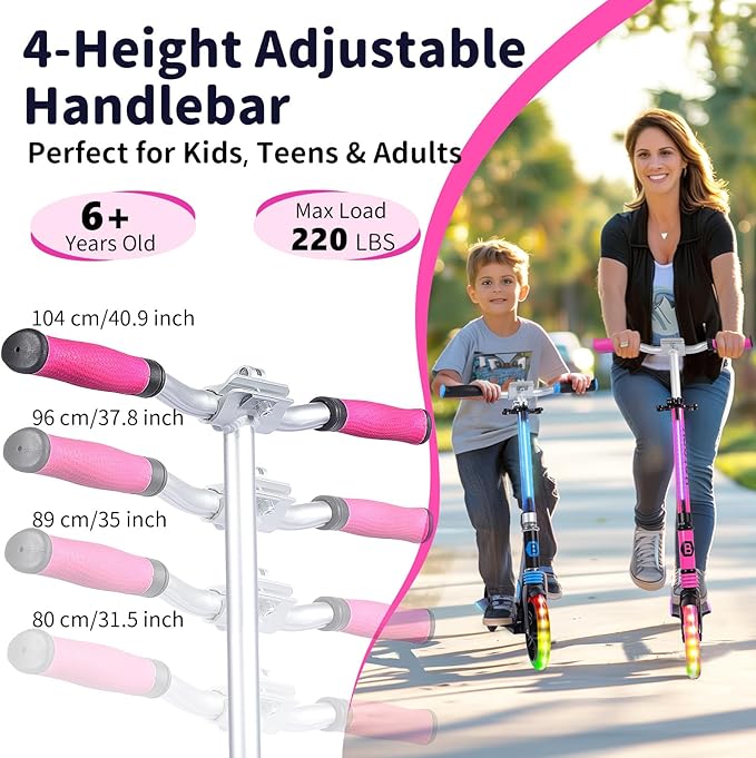 BELEEV V8 Scooters for Kids Ages 6+ with Light-Up Deck, 2 Wheel Folding Scooter for Adults Teens, 4 Adjustable Height, Lightweight Sport Commuter Scooter, Sturdy Frame, Max Load 220 lbs