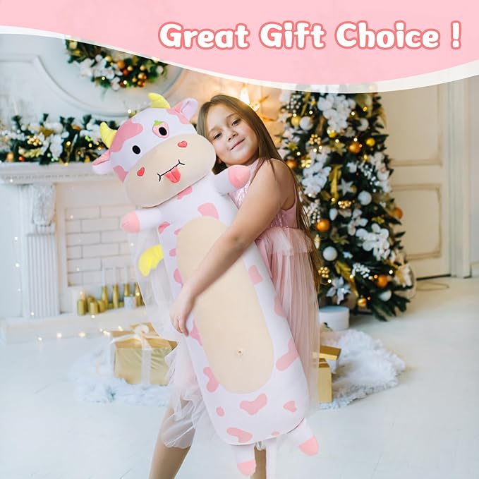 Long Cow Body Pillow 43.3Inch Cow Body Pillow, Pink Cow Stuffed Animal Glow in The Dark, Strawberry Cow Pillow with Heart for Kids Girlfriend,Birthday, Thanksgiving, Christmas Pillow Gift