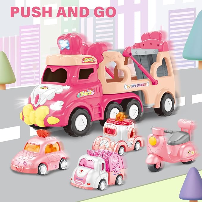 9 in 1 Carrier Truck Cars Toys for Girls Toddlers,Pink Princess Girl Car with Light and Sound,Toddler Girl Toys Age 1-2 2-4,Toys for 1 2 3 Year Old Girls Birthday for Baby Girl…