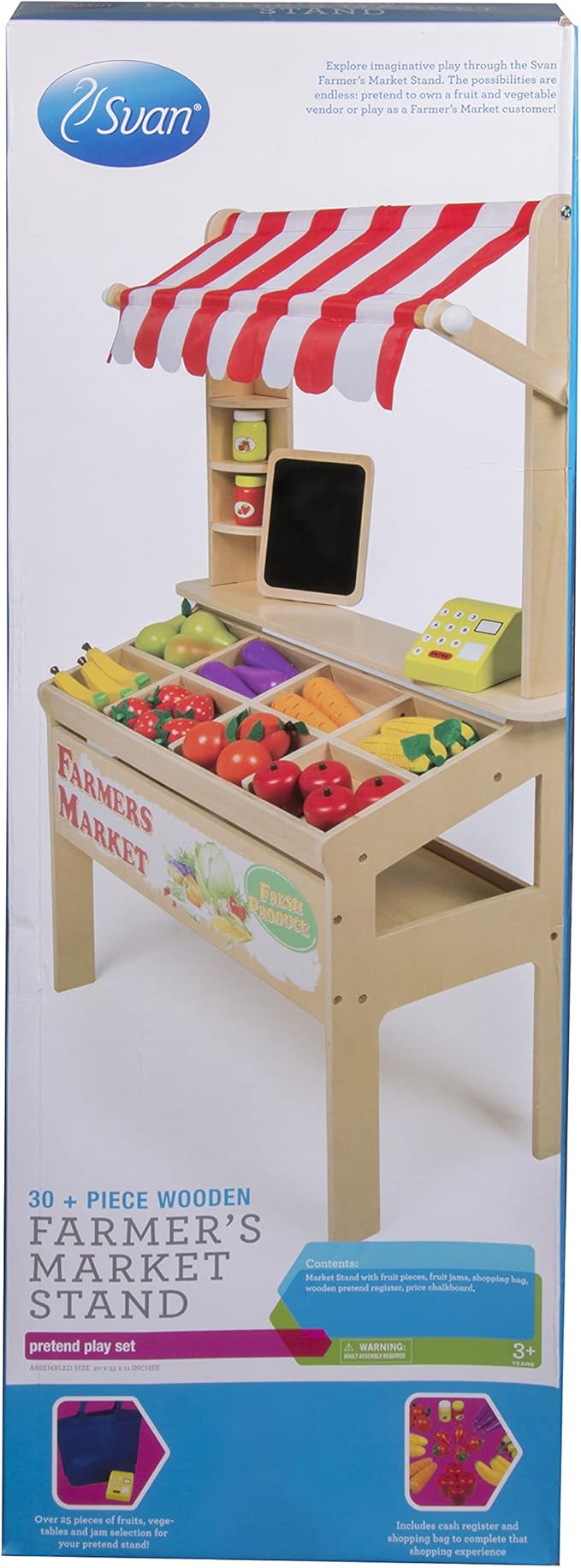 Wooden Farmers Market Stand Toy- 30+ Food PCs Include Fruit Veggies Chalkboard & Cash Register- Pretend Role Play, Fun Indoor Natural Wood Grocery Set- Playroom Daycare Activity Center- Kids Gift