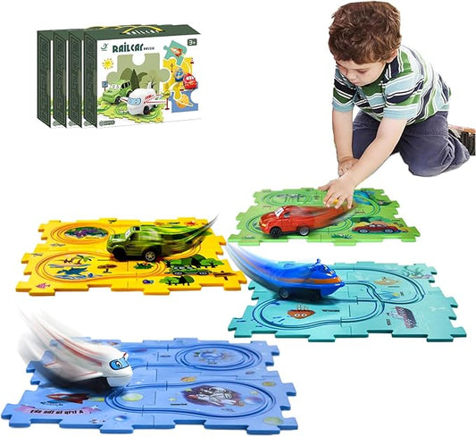 Puzzle Racer Kids Car Track Set Educational Puzzle Track Car Play Set Rail Car Puzzle with Battery-Operated Toy Vehicle & Puzzle Board for Kids Ages 3+ (5PCS, 4 Style)