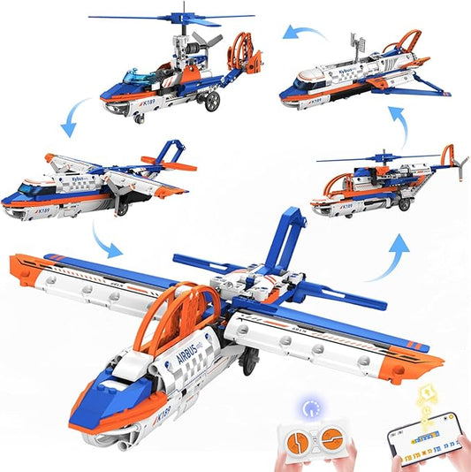 5-in-1 Remote Control STEM Airplane Building Kit – Eco-Friendly Rechargeable, App & Remote Controllable Ground-Walking Models, City-Themed Gift for Kids 6+ (325 PCS)