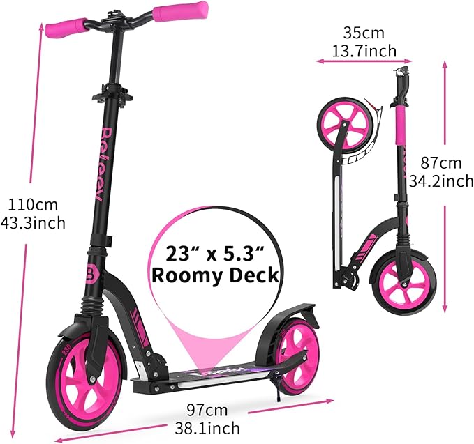 BELEEV V8 Scooters for Kids Ages 6+ with Light-Up Deck, 2 Wheel Folding Scooter for Adults Teens, 4 Adjustable Height, Lightweight Sport Commuter Scooter, Sturdy Frame, Max Load 220 lbs