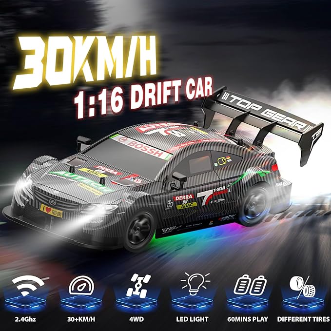 RC Drift Car 1:16, 2.4GHz 4WD 30+KM/H High Speed Remote Control Car with LED Lights Two Batteries and Drift Tires, Drifting RC Cars for Adults Boys Kids, Gray