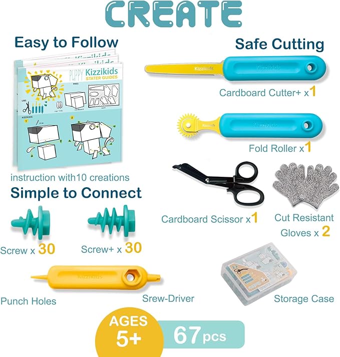 Cardboard Cutting Tools for Kids with Tool Box, 67 PCS Cardboard Construction Kit for Family & Team Activities, Creative STEM Educational Toys Gift for Boys and Girls Aged 5+