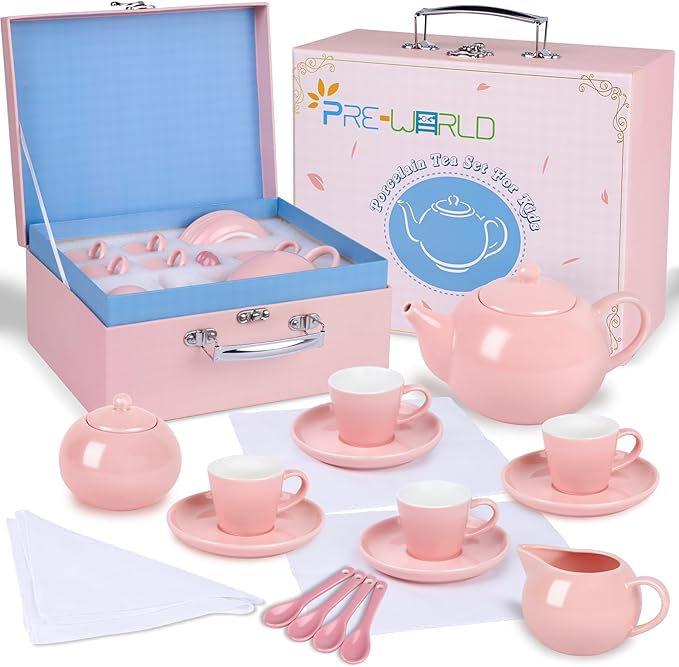 Porcelain Tea Party Set for Little Girls, 22Pcs Princess Tea Time Toy Including Teapot,Saucers,Teacups,Sugar Bowl,Creamer Pitcher,Spoons & Tablecloth, Kids Kitchen Pretend Play for Girls Boys