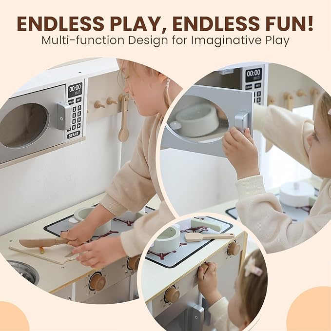 Kids Play Kitchen, Wooden Toy Kitchen Playset for Kids with 12 Pcs Toy Food & Cookware Accessories, Childrens Pretend Kitchen Playset for 3+ Years Old