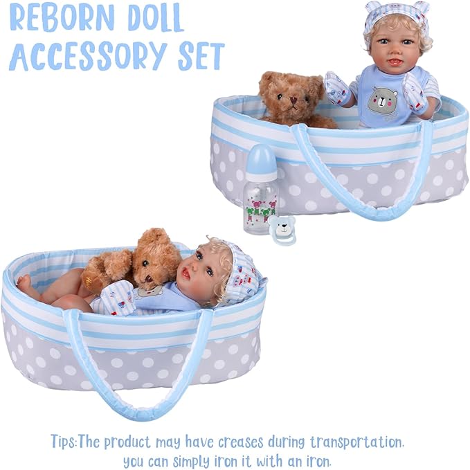 BABESIDE 9 Pcs Reborn Baby Doll Clothes with Bassinet for 17-22 Inch Dolls, Baby Dolls Clothes Outfit Accessories for Baby Doll Boy (Blue)