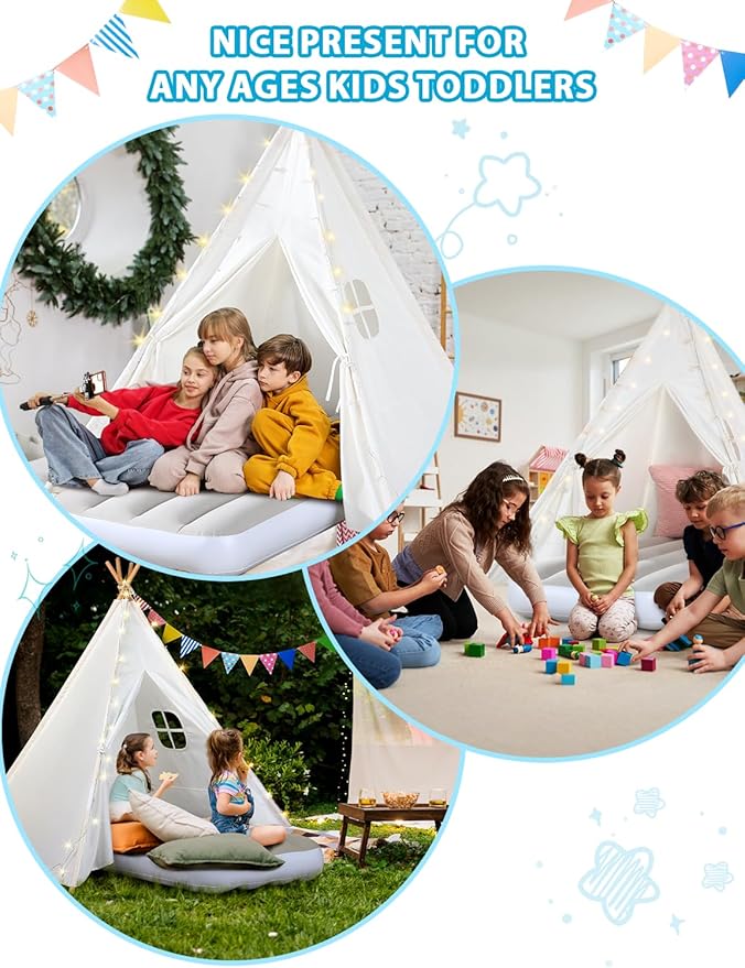 wilwolfer 6 Pack Kids Teepee Tent Bulk with Light and Inflatable Airbed, Natural Cotton Toddler Play Tent for Girls Boys Indoor Outdoor Sleepover Slumber Party Birthday Gifts