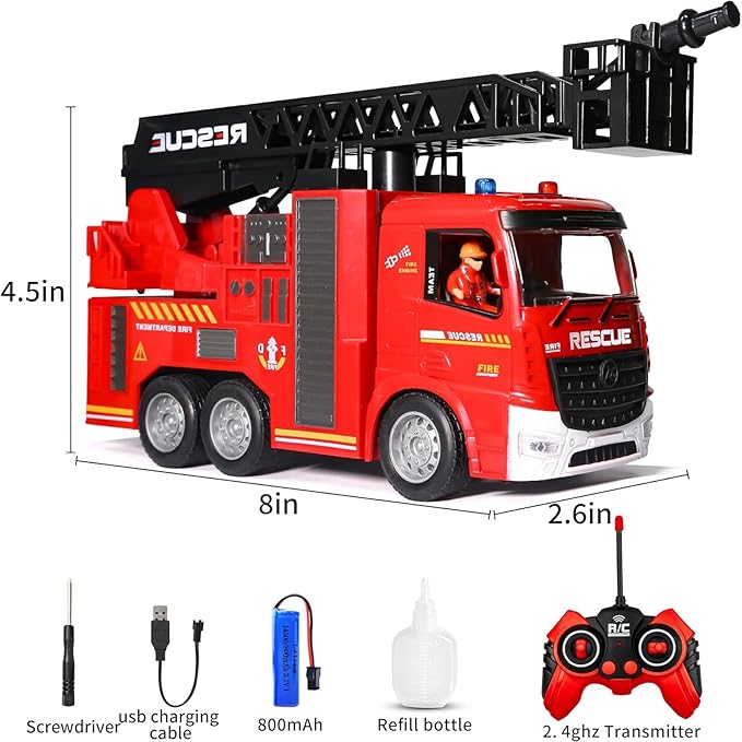 Fire Truck Toy for Toddlers Kids Boys Ages 3-8 Years Old,Remote Control Fire Truck with Lights,Siren Sound,Working Water Spray and Rotating Rescue Ladder,Firetruck Engine Gifts for Little Fireman 8-12