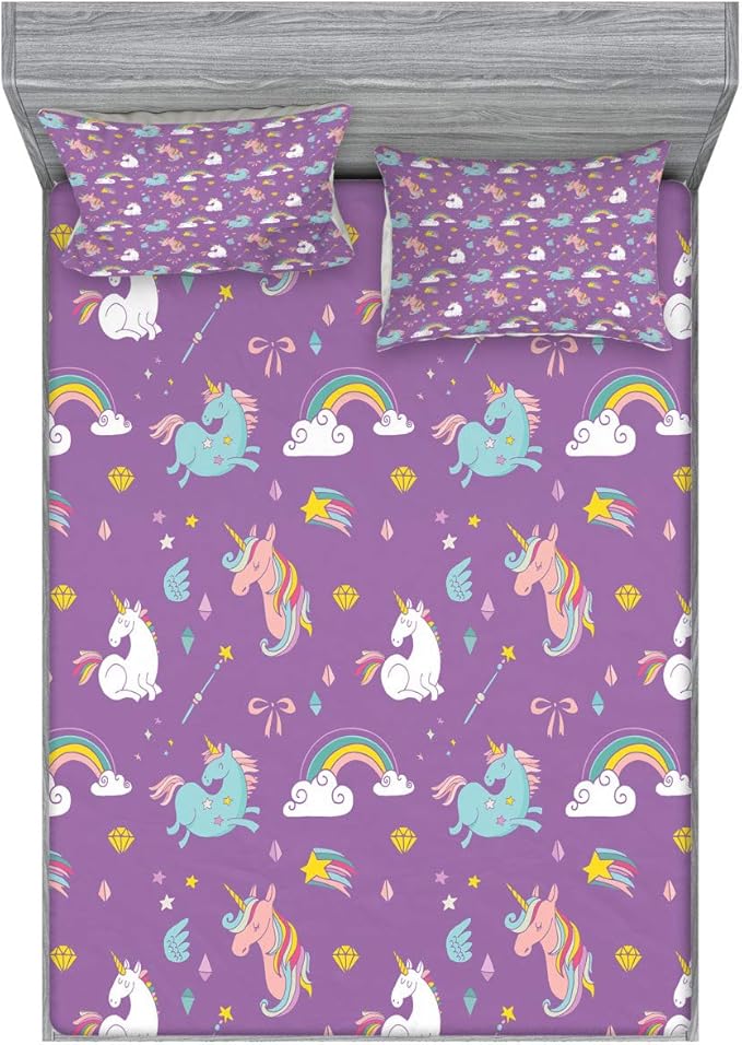 Ambesonne Magic Fitted Sheet & Pillow Sham Set, Unicorn and Rainbow Diamond Wand Pattern Girl Creature Print, Decorative Printed 2 Piece Bedding Decor Set, King, Violet