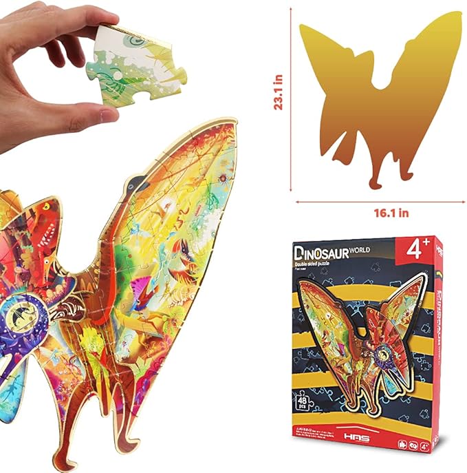 HAS Kids Floor Puzzles for Ages 4-10, 48 PCS Double-Sided Dinosaur Puzzles, Unique Large Pieces Irregular Shape Jigsaw Puzzle, Surprise Gift Toy for Children (Pterodactyl)