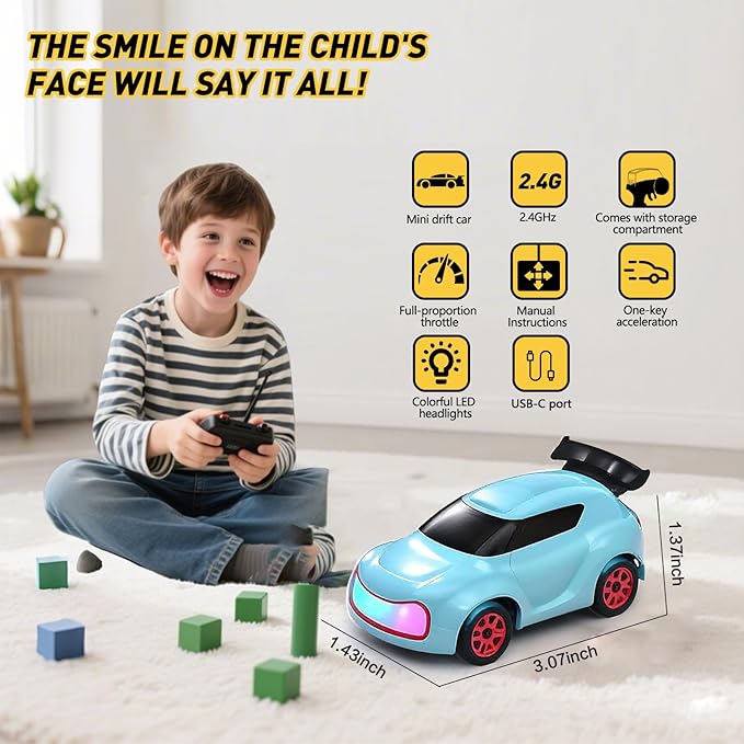 RC Drift Car 1/64 Scale Mini RC, 2.4Ghz Micro Turbo Racing 4WD Desktop Remote Control Rally Car with LED Lights for Adults Kid Toys Gift (Electric Blue Concept Model)