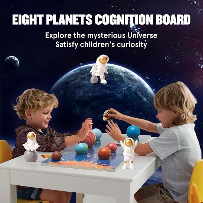 Wooden Solar System Model Board，Kids Solar System with Astronauts ，Montessori Planet Toys,Educational Planets Balls,Preschool Learning Puzzle，Space Knowledge Flash Cards Learning Toys for Kids