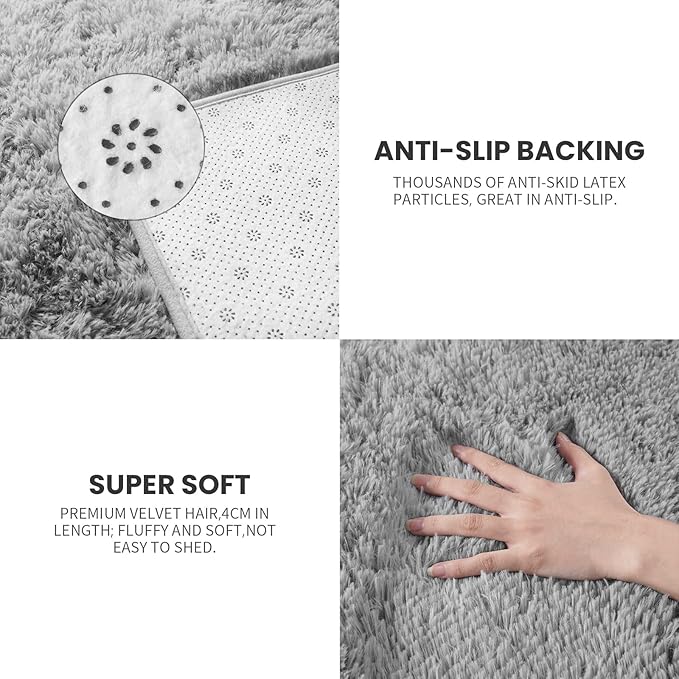 Vocrite Shag Area Rug, 6x9 Super Soft Fluffy Rugs for Bedroom Living Room, Rectangle Plush Rug, Extra Large Shaggy Carpet for Classroom Nursery Girls Boys Kids Room, Grey