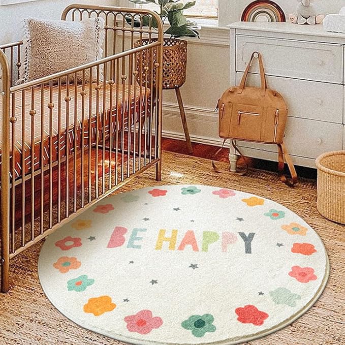 Poowe Round Kids Playroom Rug - Soft Alphabet Nursery Rug for Bedroom - Playtime Collection, Learning & Game Carpet for Classroom, Best Shower Gift for Infant Toddlers (Round 47.2", Flower-Happy)