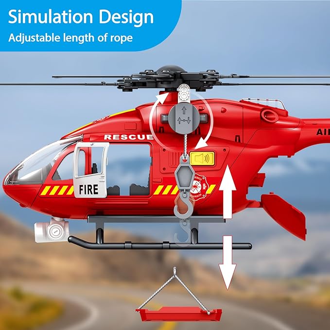 Wenbeier Fire Rescue Helicopter Toys for Boys with Hanging Basket Toy Airplane with Lights and Sound Firefighting Vehicles Toys for Kids Aged 3 4 5 6 7