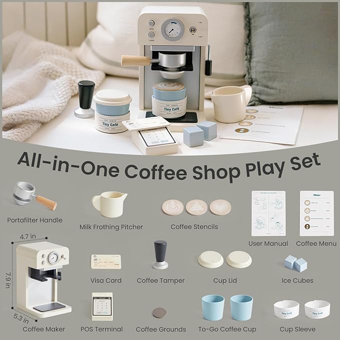 Tiny Land Kids Wooden Coffee Maker Playset – Pretend Play Espresso Machine with POS Machine and Toy Bank Card, Barista Role Play Café Set, Montessori Kitchen Toy for Boys & Girls