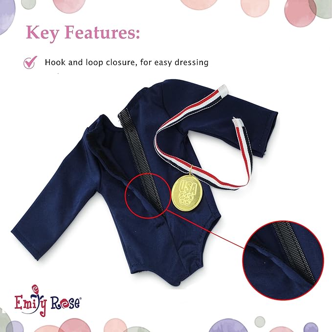 Emily Rose 18 Inch Doll Clothes 4-PC Gymnastics Sports Outfit & Accessories Set with Medal and Face Stickers - Gymnast Toy | Doll Not Included | USA Business | Compatible with 18" American Girl Dolls