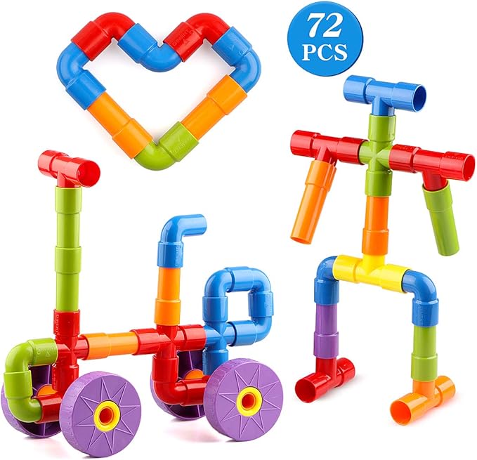 Joqutoys STEM Building Blocks Toy, 72 Pieces Creative Pipe Tube Sensory Toys, Construction Set Build Bicycle, Tank, Scootie, Motor Skills Endless Design Educational Learning Toys for Kids Aged 3+