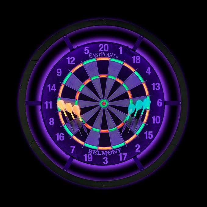 EastPoint Sports EastPoint Blacklight Dartboard - Official Size Bristle Dartboard with Glowing Segments and Dart Flights