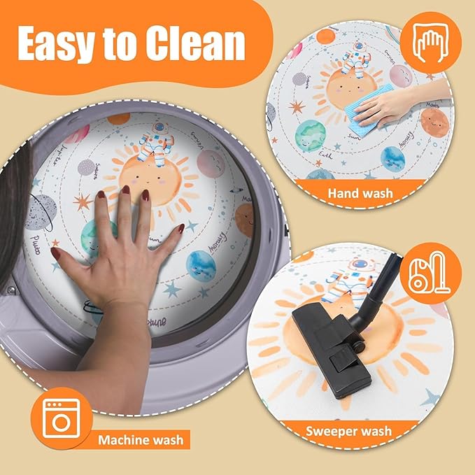 Solar System Planet Theme Carpets for Kids Bedrooms, 5ft Non-Slip Space Round Rugs for Baby,Circle Area Rug for Boys Girls Playroom,Educational Crawling Rug for Classroom