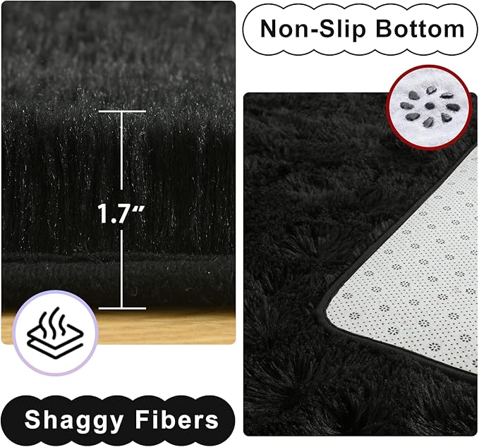 Ompaa Black 8x10 Feet Large Area Rugs Fluffy Living Room Carpet, Wall to Wall Big Shag Rug for Bedroom Kids Playroom Classroom Nursery Home Office Decor