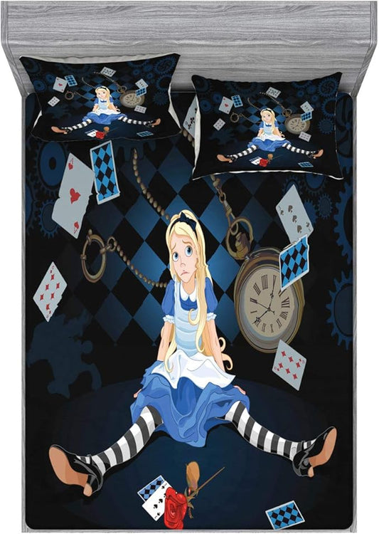 Ambesonne Alice in Wonderland Fitted Sheet & Pillow Sham Set, Grown Giant Girl Sitting Flying Cards and Rose Checkered Cartoon, Decorative Printed 3 Piece Bedding Decor Set, Full, Dark Blue