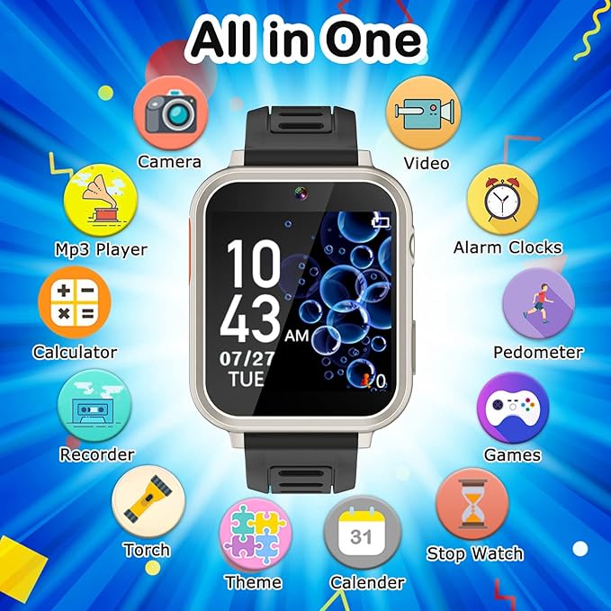 Kids Game Smart Watch for Kids with 24 Puzzle Games HD Touch Screen Camera Video Music Player Pedometer Alarm Audiostory Flashlight 12/24hr Kids Watch Gift for 4-12 Year Old Boys Girls Toys for Kids