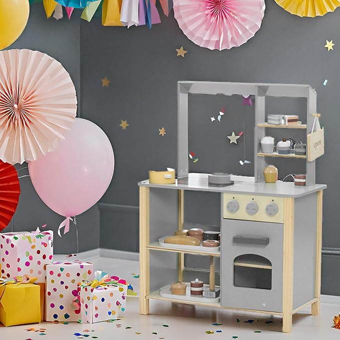 Wooden Play Kitchen Set for Kids, Kids Kitchen Playset Chef Pretend Cooking Set for Toddlers, Children Toys Kitchen with 28 Pcs Toy Bread & Bakeware Accessories