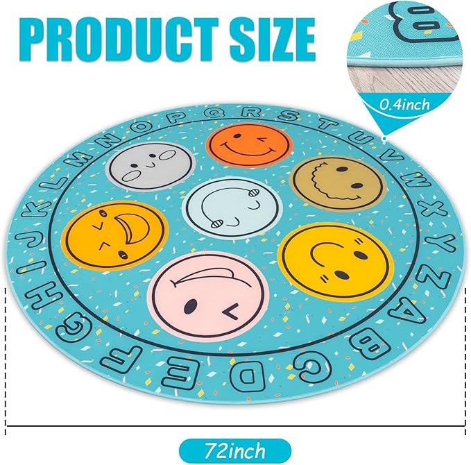 ABC Alphabet Rug for Kids, Classroom Playmat 6ft Non-Slip Circle Rugs for playroom, Round Area Rug for Elementary Classroom, Play Carpet for Boys Girls Bedrooms Playroom,Nursery Rugs-Blue