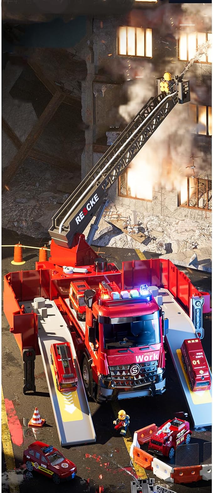 Toy Fire Truck Rescue Firetruck - Transformer Ejector Truck Car Race Track Home Outdoor Shool Toddler Kids Ages 2 3 4 5 6 7 8 Year Old Boys Girls Children Christmas Birthday Gift Ladder Real Water Jet