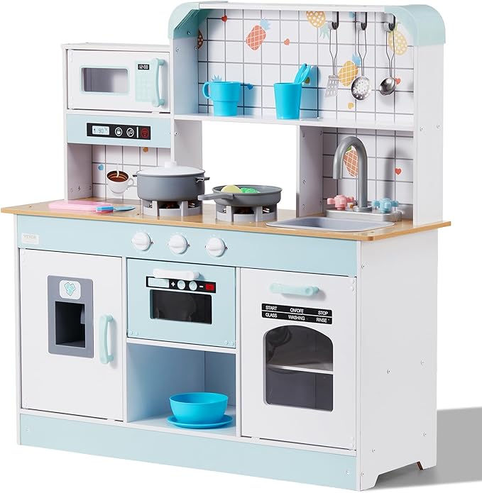 VEVOR Play Kitchen for Kids, Wooden Toy Kitchen Set with Lights and Sounds, Toddler Kitchen with Ice Maker, Oven, Sink, Microwaves, Fridge and Utensil and Fruit Accessory for Toddlers Ages 3-8, White