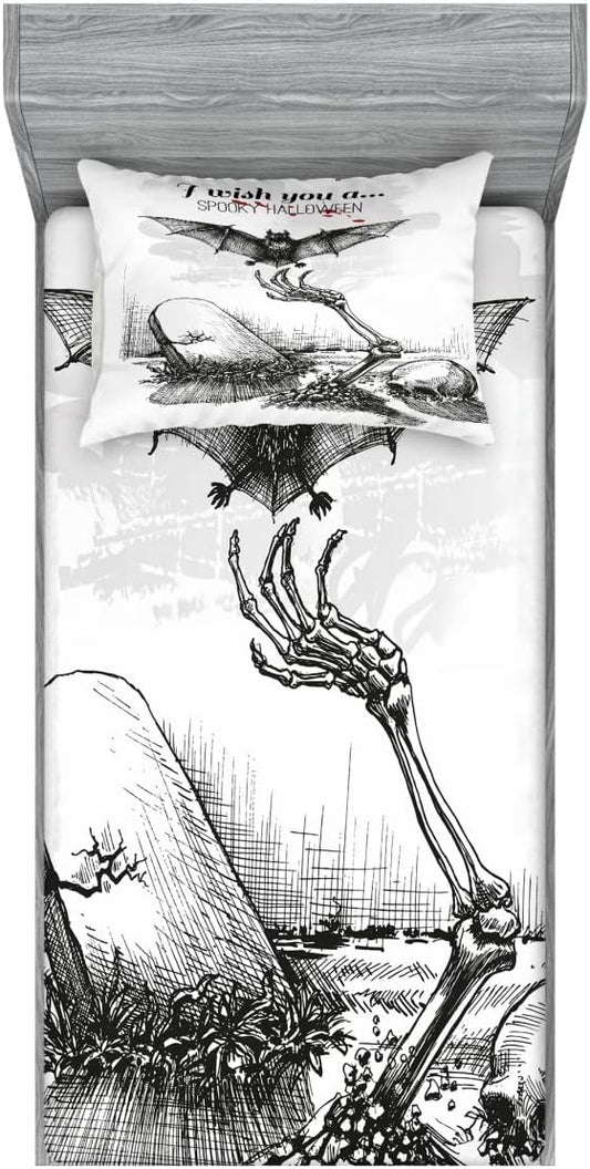 Ambesonne Halloween 2 Pack Fitted Sheet & Pillow Sham Set, Skull Zombie, 4 Pcs Bedding Decor, Package Contains 2 Twin Size Fitted Sheets & 2 Pillow Covers, Black Ecru