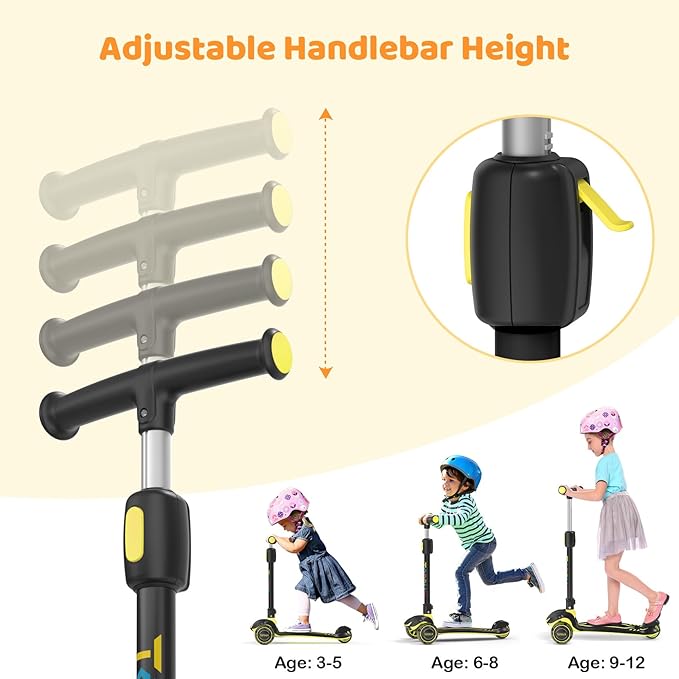 TONBUX Kids Scooter, Light Up 3 Wheel Kick Scooters for Kids 3-12, Folding Scooters with Adjustable Height - Toddler Scooter Lean-to-Steer & Widen Anti-Slip Deck