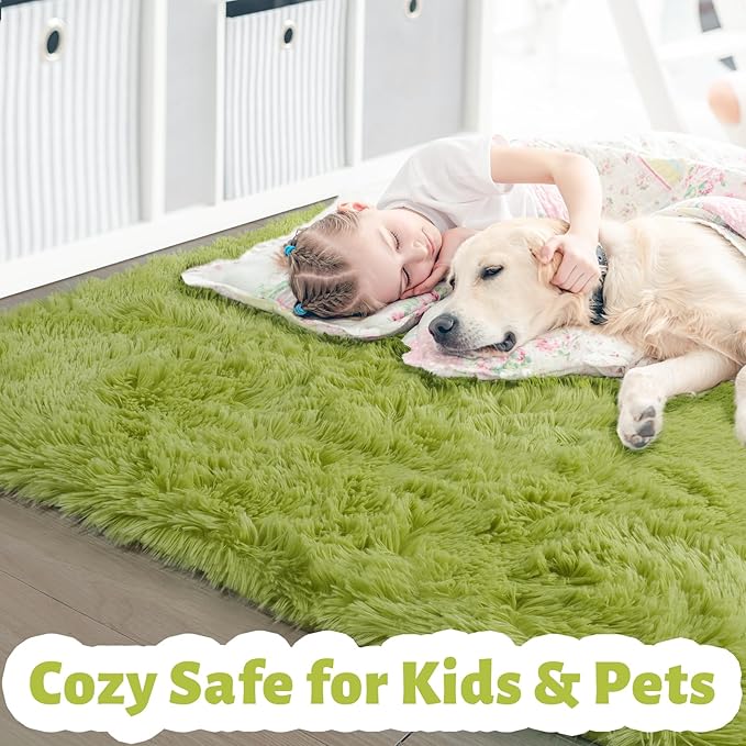 Grass Green Runner Rugs for Bedroom Decor Aesthetic, Fluffy Shag Area Rug 3x5 for Kids Room Living Room Baby Nursery, Cool Shaggy Throw Bedside Fuzzy Plush Carpet, Cute Moss Classroom Playroom Rug