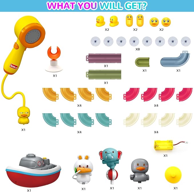 Mostop Toddler Bath Toys, Baby Bathtub Toys with Slide Track and Duck Shower Sprays, 2 Ducks, 4 Balls, 1 Boat, 3 Water Spraying Animal Toys, Fun Bathtub Toys Gift for Kids Age 4-8