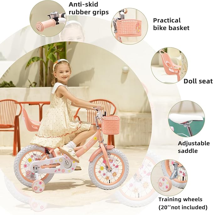 Girls Bike with Basket for Toddlers and Kids Aged 3-14 Years Old, 14 16 18 Inch with Training Wheels & Doll Seat, 20 Inch with Kickstand & Rear Rack, Princess Style Bicycle for Gift