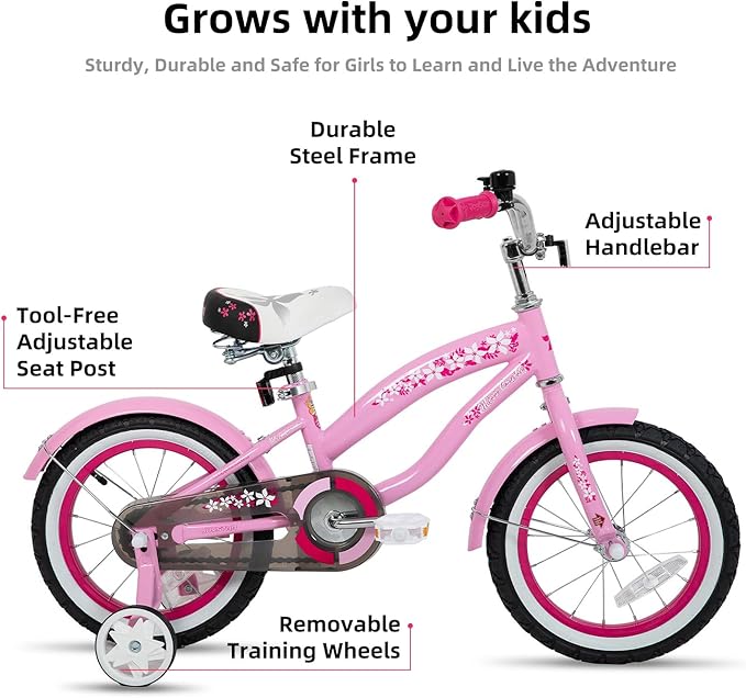 JOYSTAR 12 14 16 Inch Kids Cruiser Bike for Ages 2-7 Years Old Girls & Boys, Children's Bicycle with Training Wheels, Coaster Brake, Fenders & Adjustable Seat