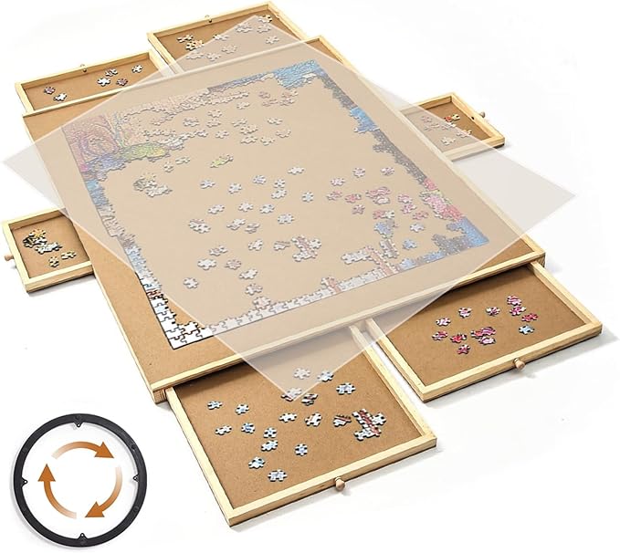 Puzzle Tables with Cover, Jigsaw Puzzle Board 1500Pcs Puzzle Table with 6 Removable Storage and Sorting Drawers 26 inch x 35 inch Smooth Plateau Fiberboard Work Surface for Games and Puzzles