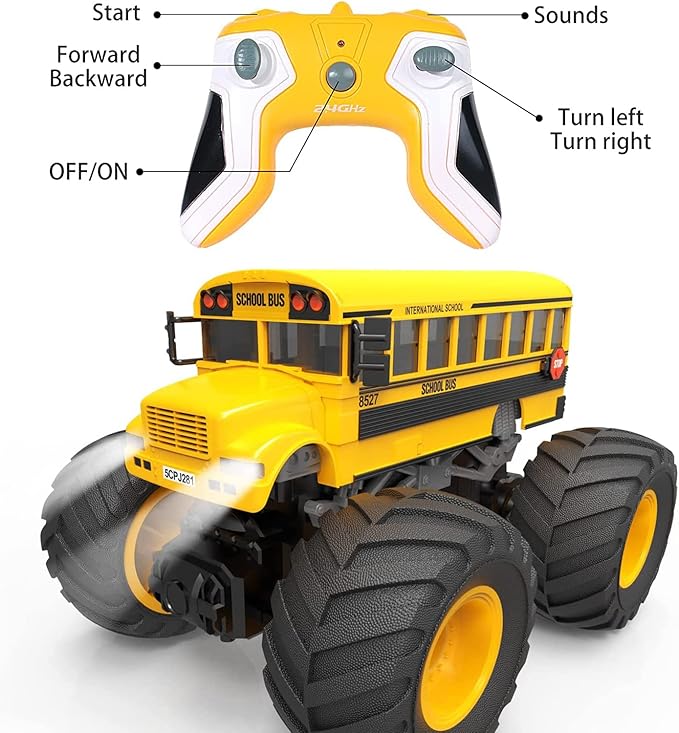Remote Control Monster Truck - 1:18 Scale RC Fire Truck, 2.4GHz Big Wheel School Bus with Lights, Sounds, Rechargeable Electric Toy Stunt Jam Car for Kids, Boys, Girls (School Bus)