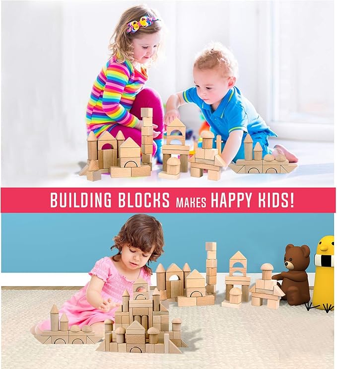 Wooden Building Blocks Set for Kids - Stacker Stacking Game Construction Toys Set Preschool Colorful Learning Educational Toys - Geometry Wooden Blocks for 3+ Year Old Boys & Girls