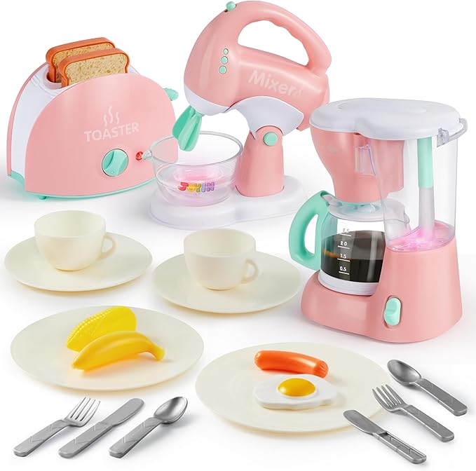Joyin Play Kitchen Toys, Pretend and Play Food Kitchen Accessories GirlsToy with Coffee Maker, Mixer, Toaster with Realistic Lights& Sounds, Birthday Gift for Kids Ages 2 3 4 5, Pink