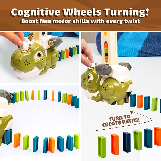 Atlasonix Domino Train, Domino Train for Kids, Automatic Set for Kids, 3 Year Old Boy Gift, Montessori Toys, Fun, Educational Toys, Birthday Present for 3-5 Year, 220 Blocks Dinosaur