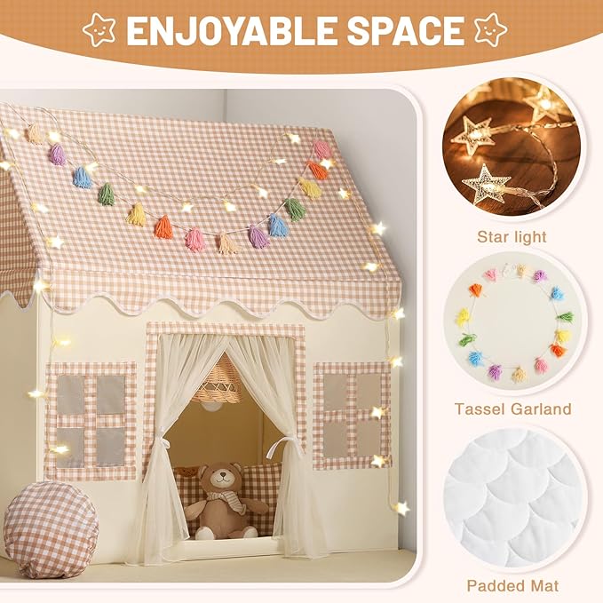 Kids Play Tent Indoor: with Brown Checkered, Mat, Rainbow Tissue Garland, Star Lights - Toddler Girl Tent Indoor Playhouse for Toddlers Kids Toys for Boy Girl Birthday Gift for Kids