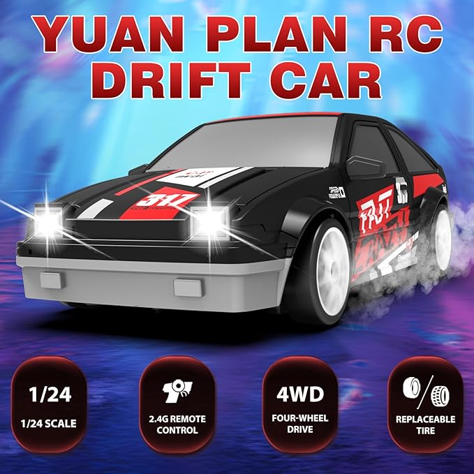 Remote Control Car 1/24 2.4GHz 4WD RC Drift Car, Rechargeable High Speed RC Cars with Cool Lights, Two Batteries and Extra Tires Toys for Kids