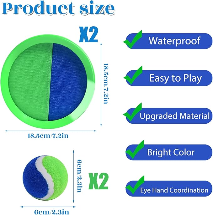 Toss and Catch Game Set - 2 Paddles, 2 Balls and 1 Storage Bag - Great Outdoor Toys/Gifts for Kids - Classic Beach and Yard Games (Blue and Green)